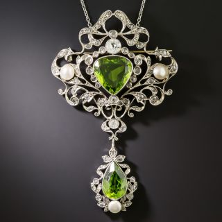 Edwardian Peridot, Diamond and Pearl Pendant/Brooch - 2