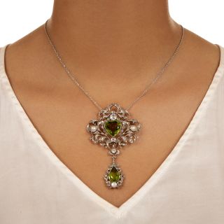 Edwardian Peridot, Diamond and Pearl Pendant/Brooch