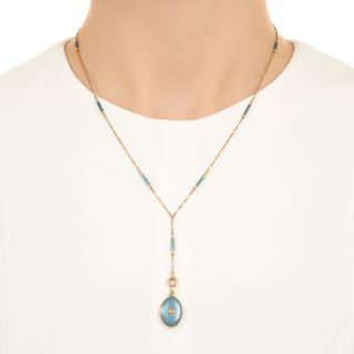 Edwardian Petite Blue Enamel Locket and Chain by Carter & Gough