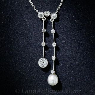 Edwardian Platinum, Diamond and Natural Pearl Negligee Necklace