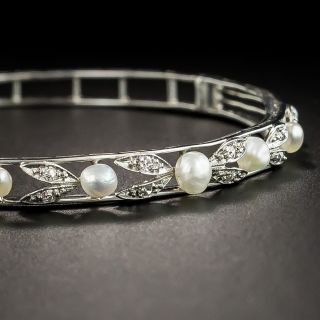 Edwardian Platinum Diamond Natural Pearl Bangle  - 2