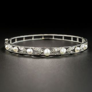 Edwardian Platinum Diamond Natural Pearl Bangle 
