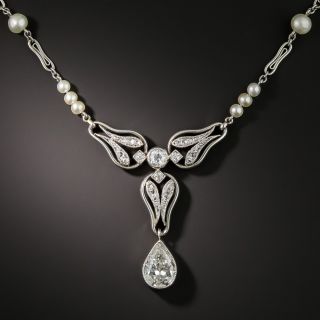 Edwardian Platinum Diamond Pearl Necklace  - 2