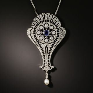 Edwardian Platinum Diamond Sapphire Pearl Pendant - 2