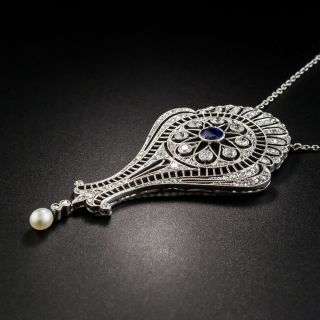 Edwardian Platinum Diamond Sapphire Pearl Lavalière Necklace
