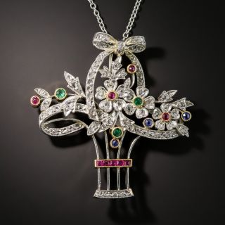 Edwardian Platinum Emerald, Sapphire, Ruby, and Diamond Flower Basket Necklace/Brooch  - 1