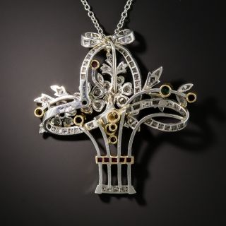 Edwardian Platinum Emerald, Sapphire, Ruby, and Diamond Flower Basket Necklace/Brooch 