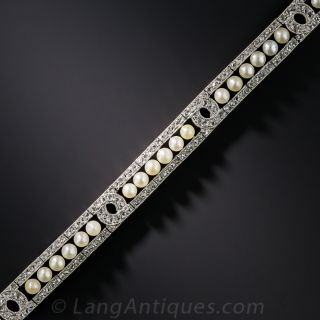 Edwardian Platinum Natural Pearl and Diamond Bracelet - 1