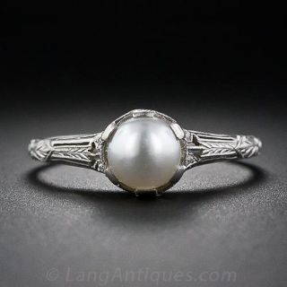 Edwardian Platinum, Natural Pearl and Diamond  Ring