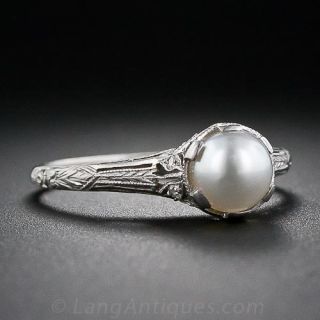 Edwardian Platinum, Natural Pearl and Diamond  Ring