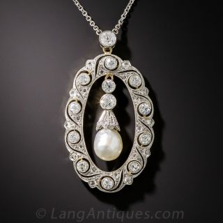 Edwardian Platinum Pearl and Diamond Pendant - 1