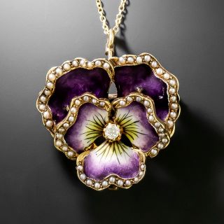 Edwardian Purple Enamel, Pearl and Diamond Pansy Brooch/Pendant - 2