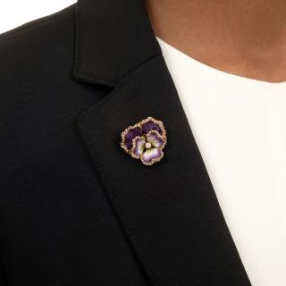 Edwardian Purple Enamel, Pearl and Diamond Pansy Brooch/Pendant