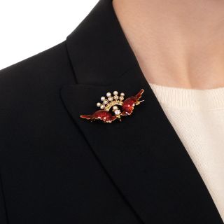 Edwardian Red Enamel, Diamond & Natural Pearl Wing Brooch