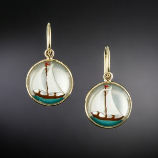 Edwardian Reverse Intaglio Sailing Ship Earrings - 2