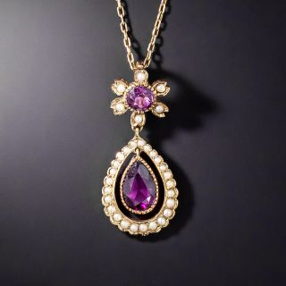 Edwardian Rhodolite Garnet and Seed Pearl Pendant - 2