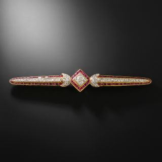 Edwardian Ruby and Diamond 18K Bar Pin - 2