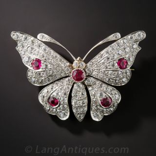 Edwardian Ruby and Diamond Butterfly Pin, Circa 1900