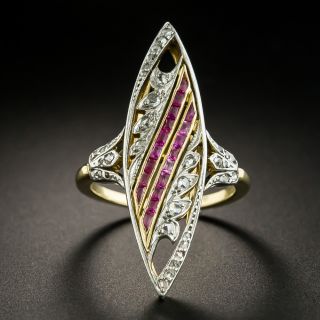 Edwardian Ruby and Diamond Navette Ring, French - 2
