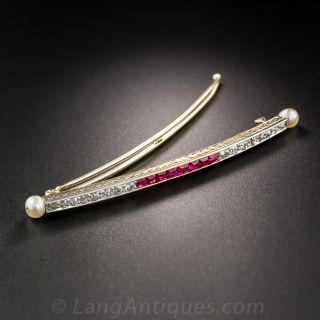 Edwardian Ruby, Diamond and Natural Pearl Hair Barette