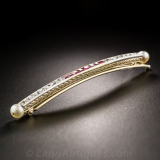 Edwardian Ruby, Diamond and Natural Pearl Hair Barette