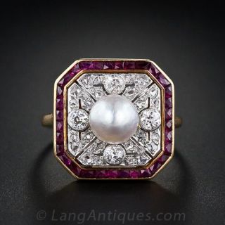Edwardian Ruby, Diamond and Natural Pearl Ring