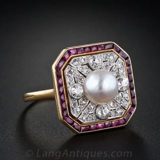 Edwardian Ruby, Diamond and Natural Pearl Ring