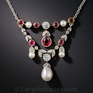 Edwardian Ruby, Natural Pearl and Diamond Necklace - 2