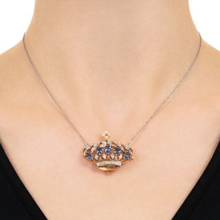 Edwardian Sapphire, Diamond and Pearl Crown Brooch/Pendant