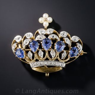 Edwardian Sapphire, Diamond and Pearl Crown Brooch - 2