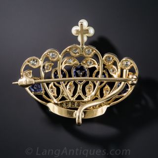 Edwardian Sapphire, Diamond and Pearl Crown Brooch