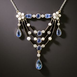 Edwardian Sapphire, Diamond and Pearl Lavalière Necklace - 2