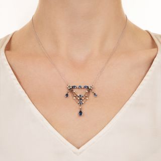 Edwardian Sapphire, Diamond and Pearl Lavalière Necklace