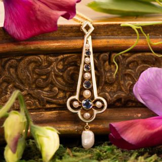 Edwardian Sapphire, Natural Pearl and Enamel Necklace by Hagerstrom
