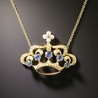 Edwardian Seed Pearl and Sapphire Crown Necklace - 3