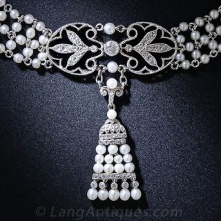 Edwardian Seed Pearl, Diamond and Onyx Choker Necklace
