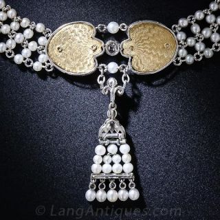 Edwardian Seed Pearl, Diamond and Onyx Choker Necklace