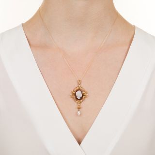 Edwardian Shell Cameo and Pearl Pendant