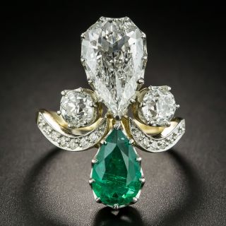 Edwardian 2.02 Carat Pear Shaped Diamond and Emerald Ring - GIA - 2