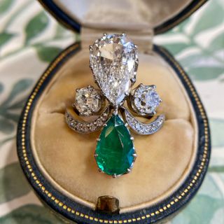 Edwardian Style 2.02 Carat Pear Shaped Diamond and Emerald Ring - GIA G SI1