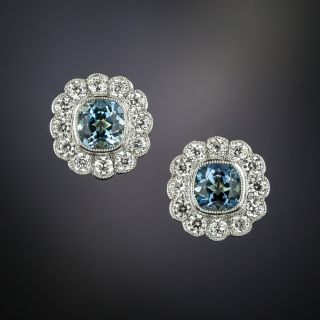 Edwardian Style Aquamarine and Diamond Cluster Earrings - 2