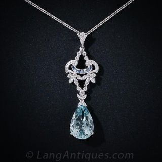 Edwardian Style Aquamarine & Diamond Pendant Necklace, London Hallmarks