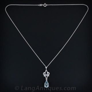 Edwardian Style Aquamarine & Diamond Pendant Necklace, London Hallmarks