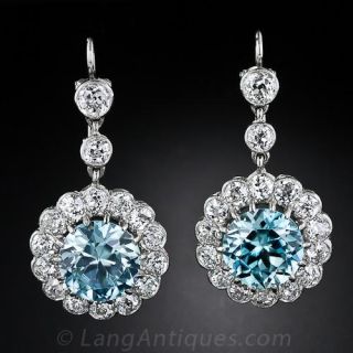 Antique Style Blue Zircon and Diamond Earrings - 1