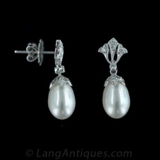 Edwardian Style Pearl and Diamond Drop Earrings
