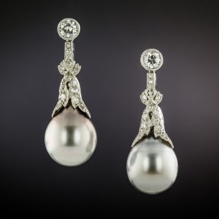 Edwardian Tahitian Pearl and Diamond Drop Earrings - 2