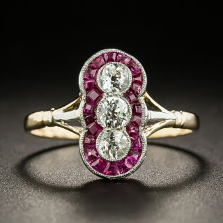 Edwardian Three Diamond and Calibre Ruby Dinner Ring - 1