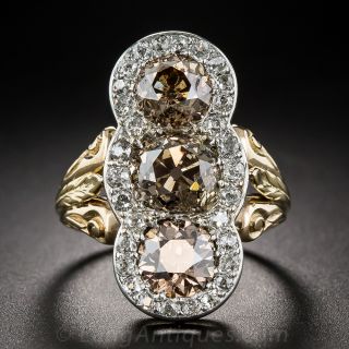 Edwardian Three-Stone Natural Cognac Diamond Ring - 5.50 Carats - 2