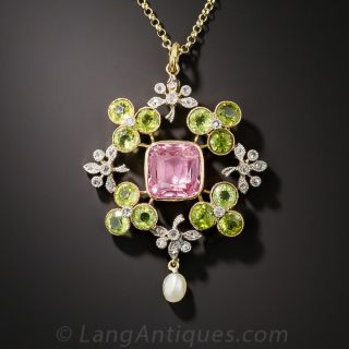 Edwardian Tourmaline, Peridot and Diamond Necklace - 1