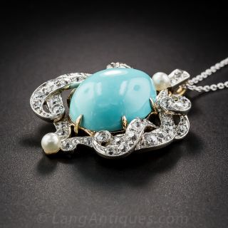 Edwardian Turquoise and Diamond Pendant by J. A. Granbery